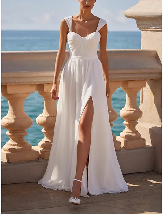 Little White Dresses Wedding Dresses A-Line Square Neck Sleeveless Sweep / Brush Train Chiffon Bridal Gowns With Pleats Split Front