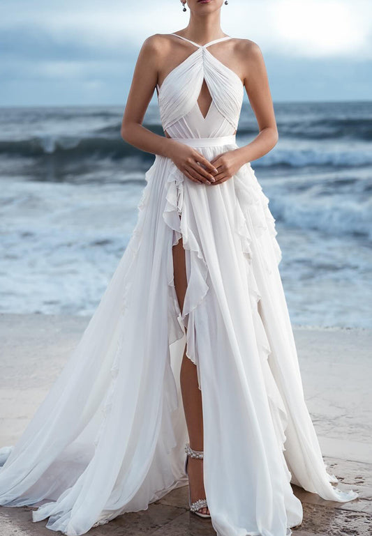 Halter Sleeveless Illusion Chiffon A-Line Beach Wedding Dress