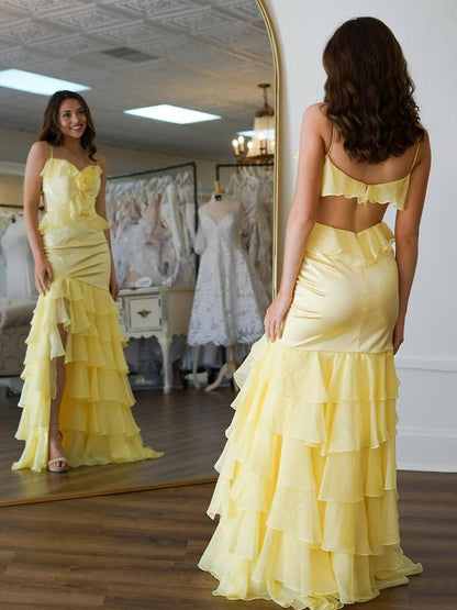 Mermaid V-Neck Yellow Ruffle Chiffon Long Prom Dresses with Flower