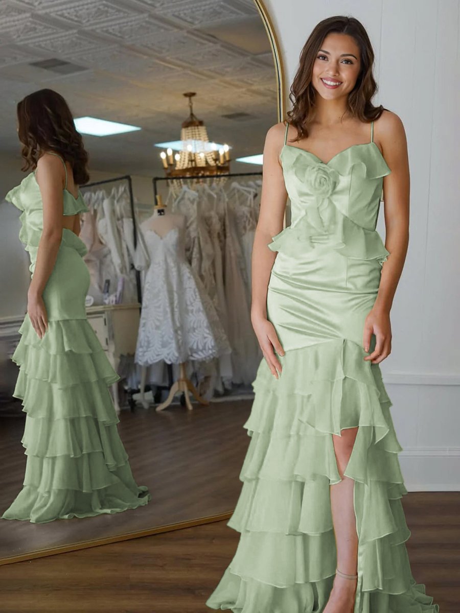 Mermaid V-Neck Yellow Ruffle Chiffon Long Prom Dresses with Flower