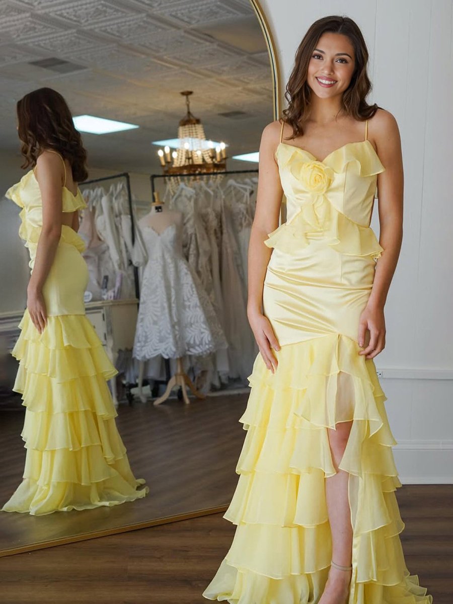 Mermaid V-Neck Yellow Ruffle Chiffon Long Prom Dresses with Flower