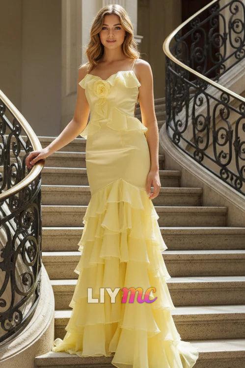 Mermaid V-Neck Yellow Ruffle Chiffon Long Prom Dresses with Flower