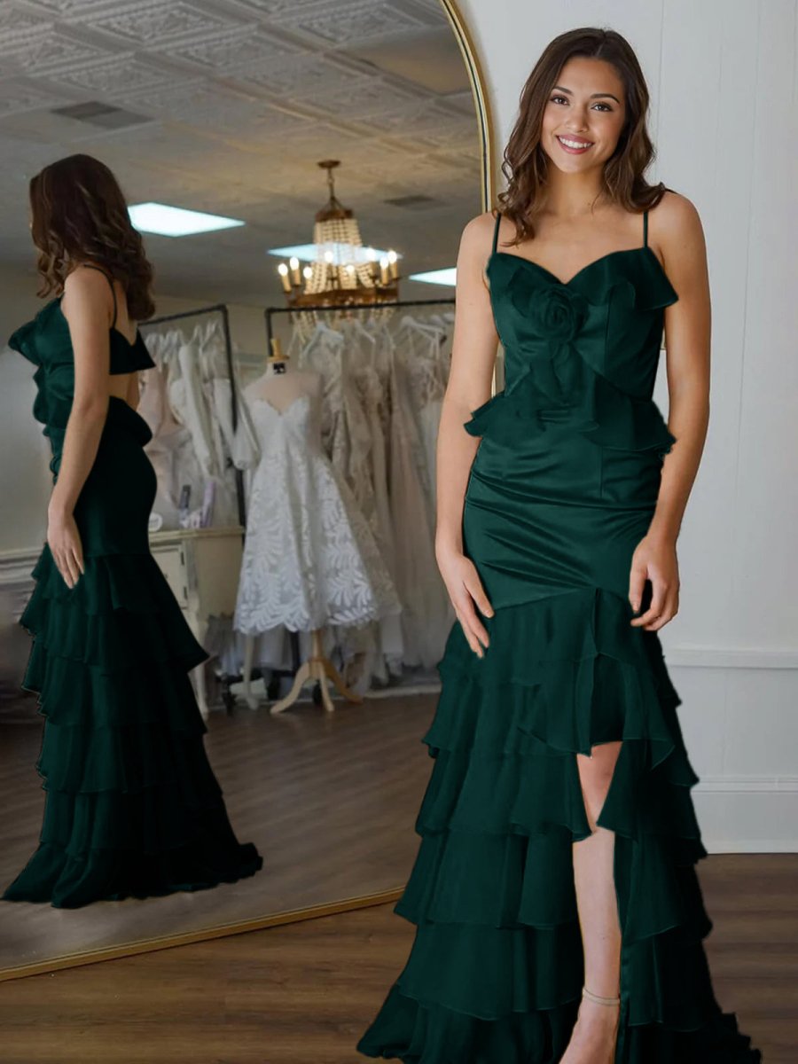 Mermaid V-Neck Yellow Ruffle Chiffon Long Prom Dresses with Flower