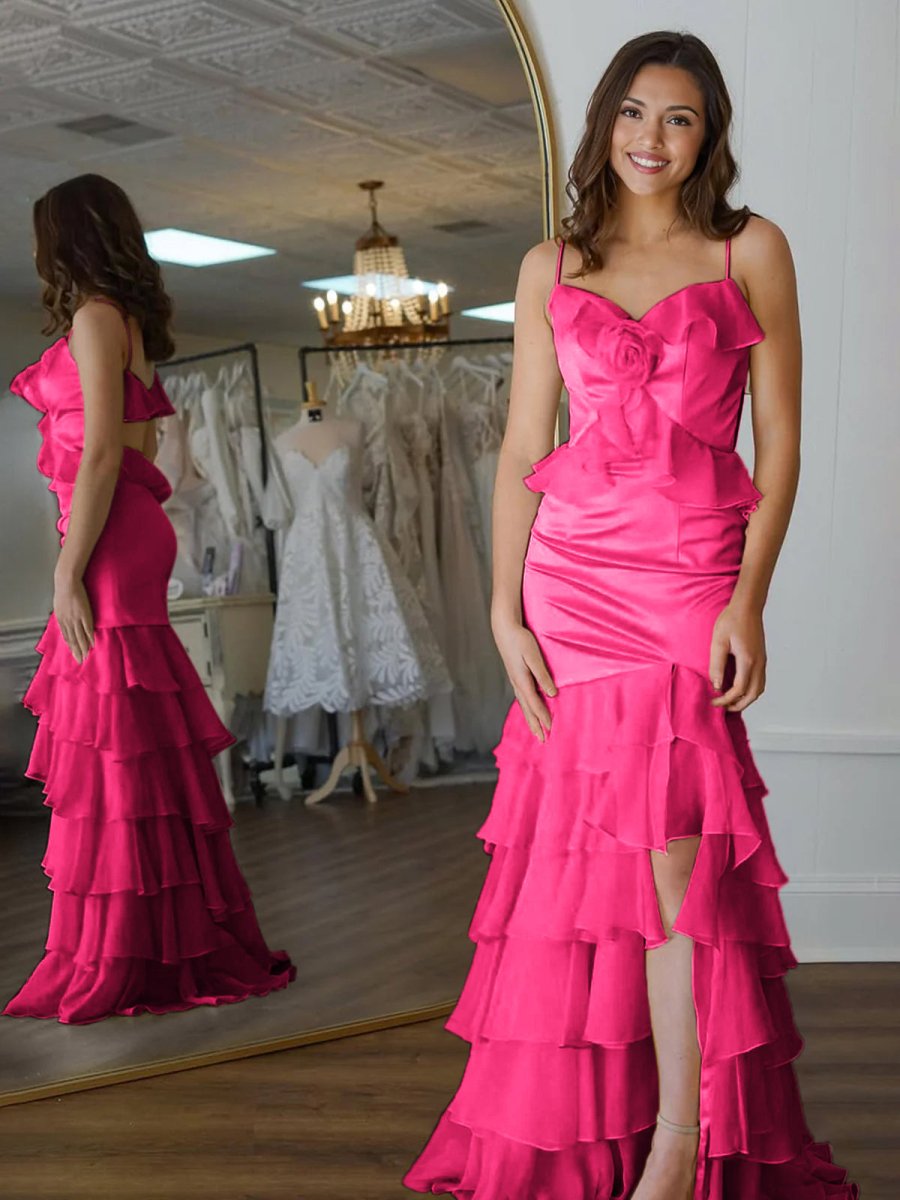 Mermaid V-Neck Yellow Ruffle Chiffon Long Prom Dresses with Flower