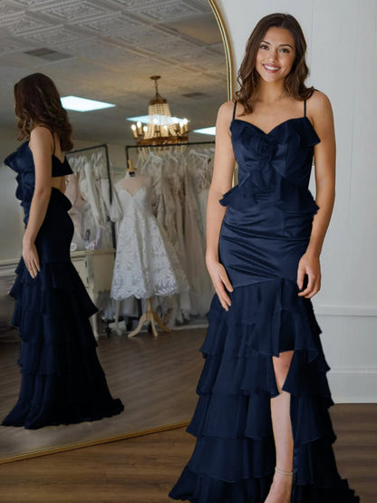 Mermaid V-Neck Yellow Ruffle Chiffon Long Prom Dresses with Flower