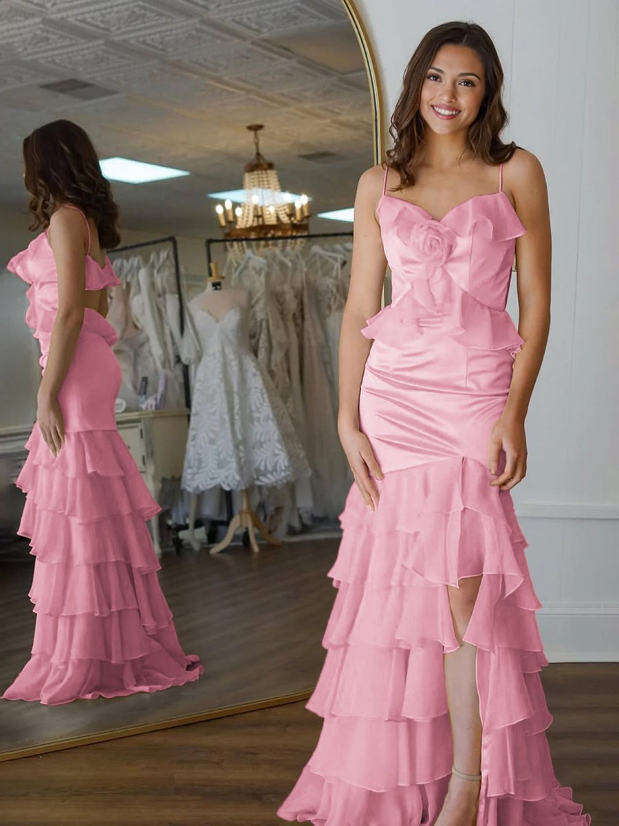 Mermaid V-Neck Yellow Ruffle Chiffon Long Prom Dresses with Flower