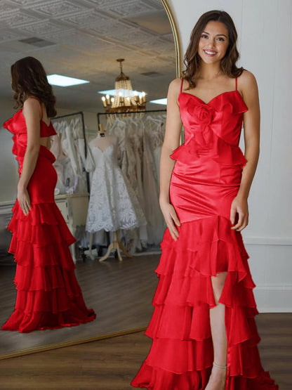 Mermaid V-Neck Yellow Ruffle Chiffon Long Prom Dresses with Flower