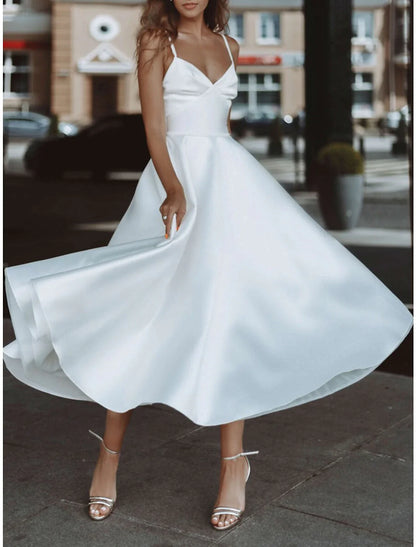 Reception Simple Wedding Dresses Wedding Dresses A-Line V Neck Long Sleeve Tea Length Chiffon Bridal Gowns With Pleats