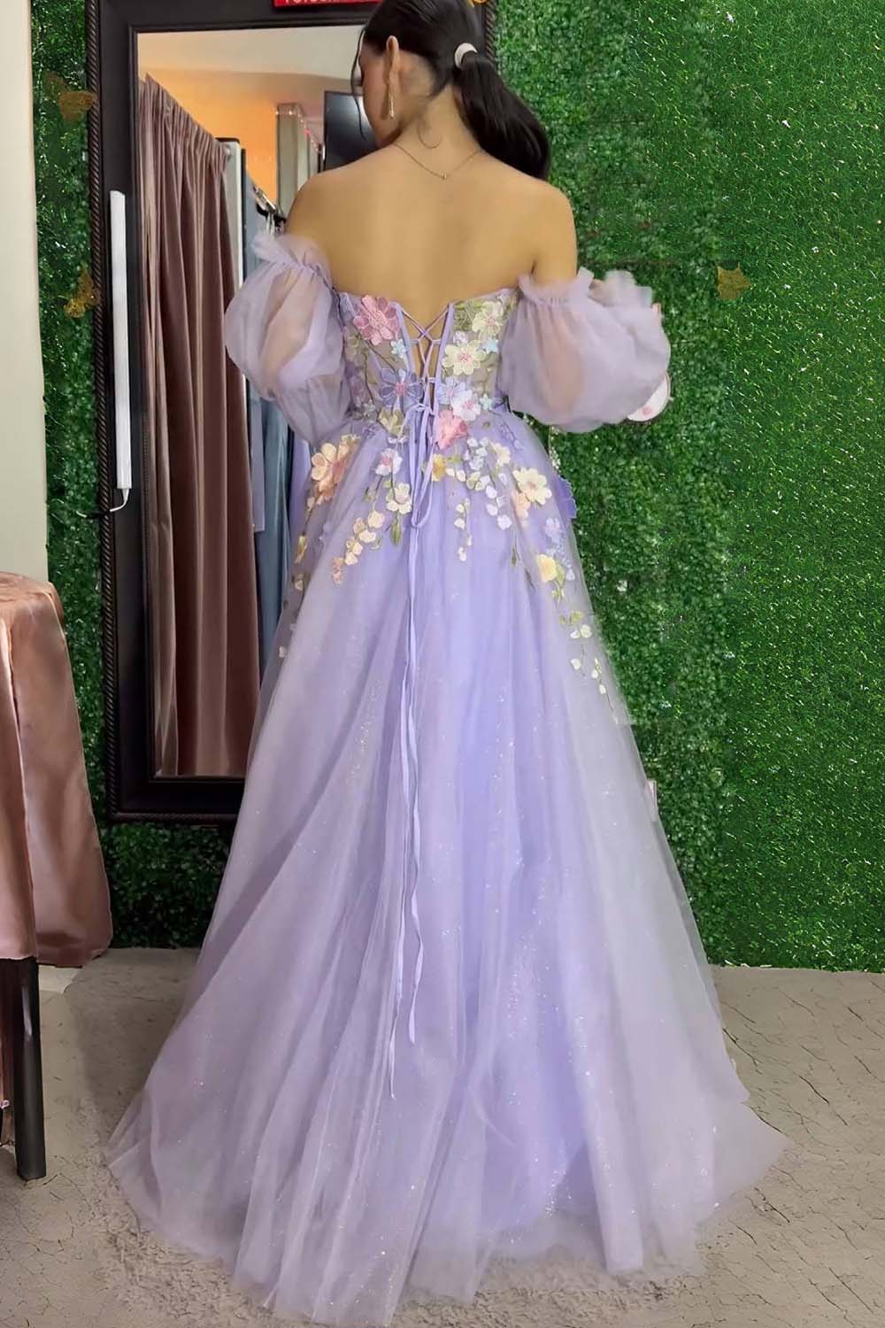 Lavender A-Line Strapless Tulle Prom Dress with 3D Flowers