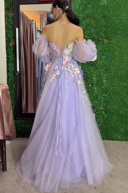 Lavender A-Line Strapless Tulle Prom Dress with 3D Flowers