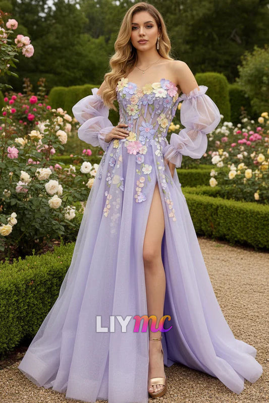 Lavender A-Line Strapless Tulle Prom Dress with 3D Flowers