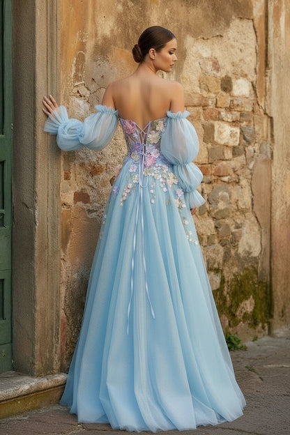 Lavender A-Line Strapless Tulle Prom Dress with 3D Flowers