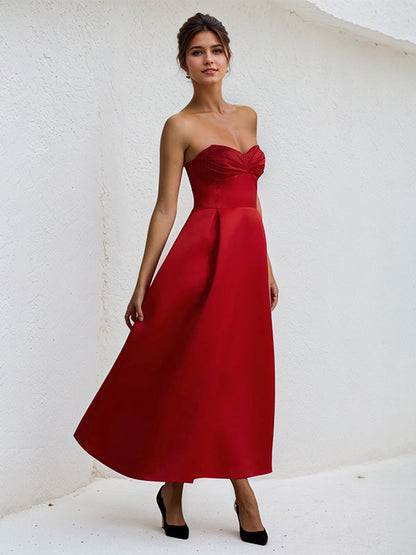 A Line Red Satin Sweetheart Ankle Length Dress