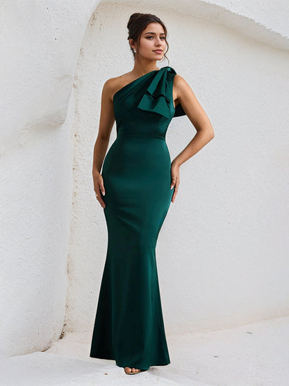 Green Satin One Shoulder Floor Length Formal Party Dress with Bow
