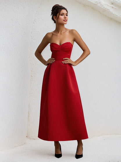 A Line Red Satin Sweetheart Ankle Length Dress
