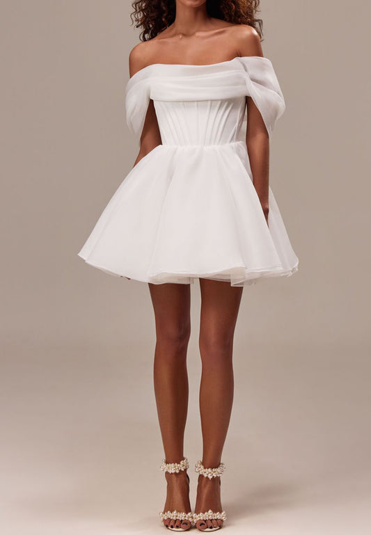 Off-Shoulder Sleeveless Pleated Short A-Line Beach Wedding Dress