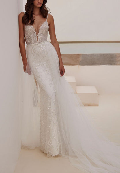 V-Neck Spaghetti Straps Sequins Appliques Mermaid Wedding Dress