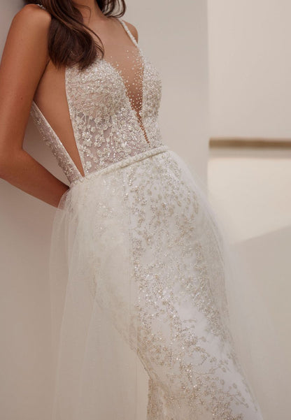 V-Neck Spaghetti Straps Sequins Appliques Mermaid Wedding Dress