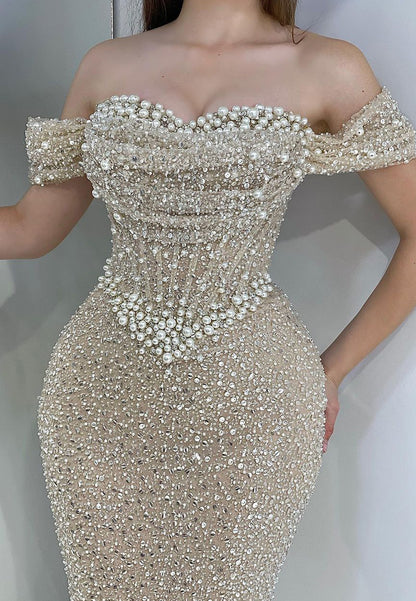 Off-Shoulder Strapless Sequins Beaded Sparkly Prom Dress