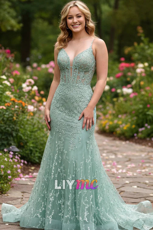 Orange Lace Spaghetti Straps Mermaid Long Formal Dress