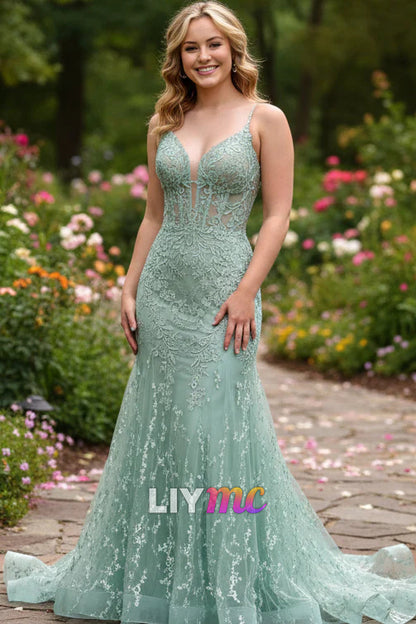 Orange Lace Spaghetti Straps Mermaid Long Formal Dress