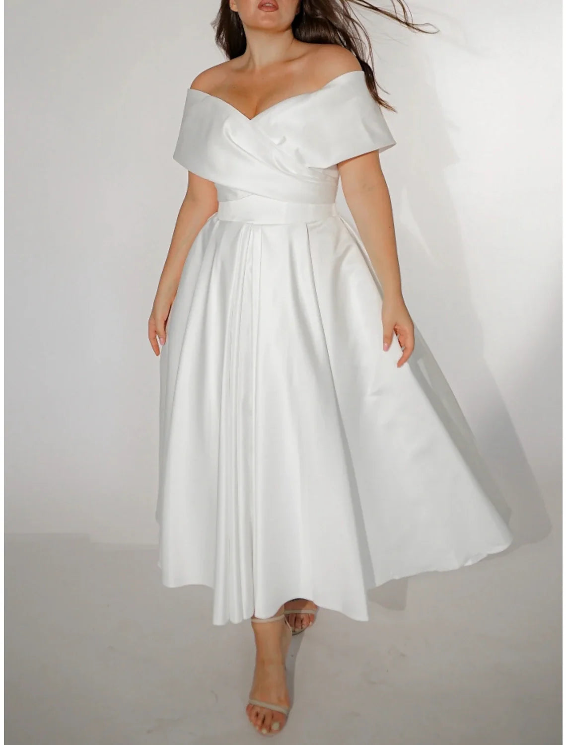 Casual Wedding Dresses A-Line Off Shoulder Short Sleeve Ankle Length Satin Bridal Gowns With Pleats Solid Color