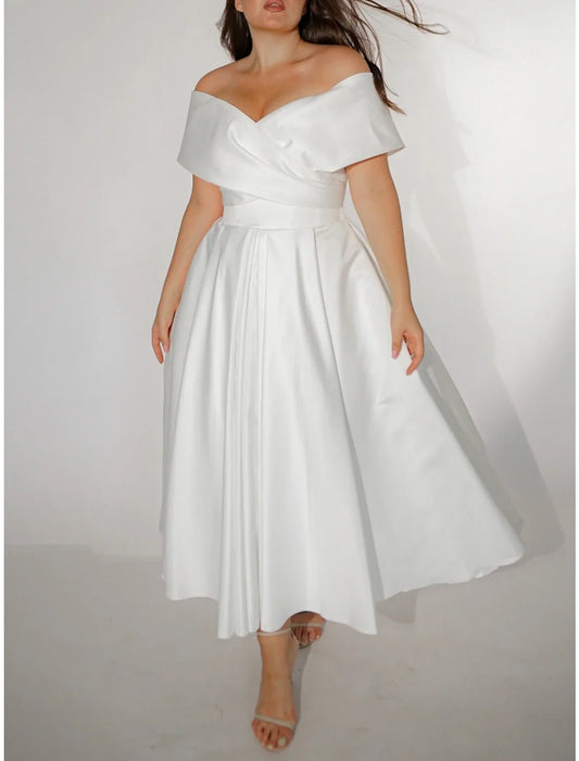 Casual Wedding Dresses A-Line Off Shoulder Short Sleeve Ankle Length Satin Bridal Gowns With Pleats Solid Color