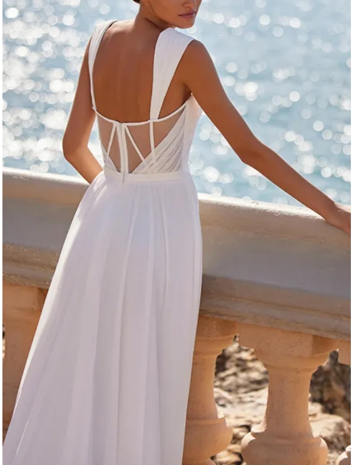 Little White Dresses Wedding Dresses A-Line Square Neck Sleeveless Sweep / Brush Train Chiffon Bridal Gowns With Pleats Split Front