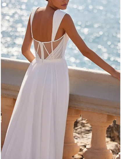 Little White Dresses Wedding Dresses A-Line Square Neck Sleeveless Sweep / Brush Train Chiffon Bridal Gowns With Pleats Split Front