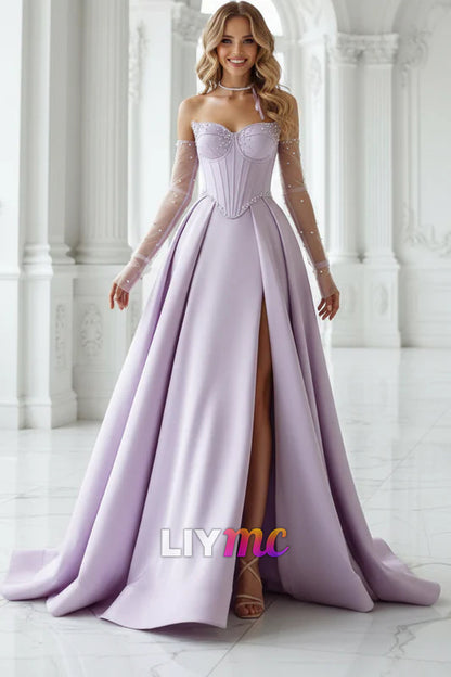 A-Line Lilac Sweetheart Satin Long Corset Prom Dress with Slit (Gloves are not Included)