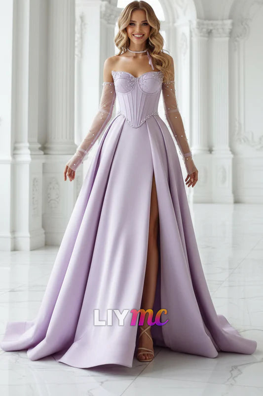 A-Line Lilac Sweetheart Satin Long Corset Prom Dress with Slit (Gloves are not Included)