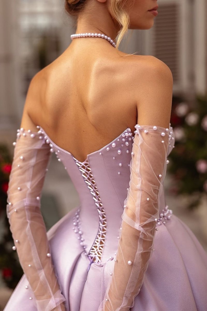 A-Line Lilac Sweetheart Satin Long Corset Prom Dress with Slit (Gloves are not Included)