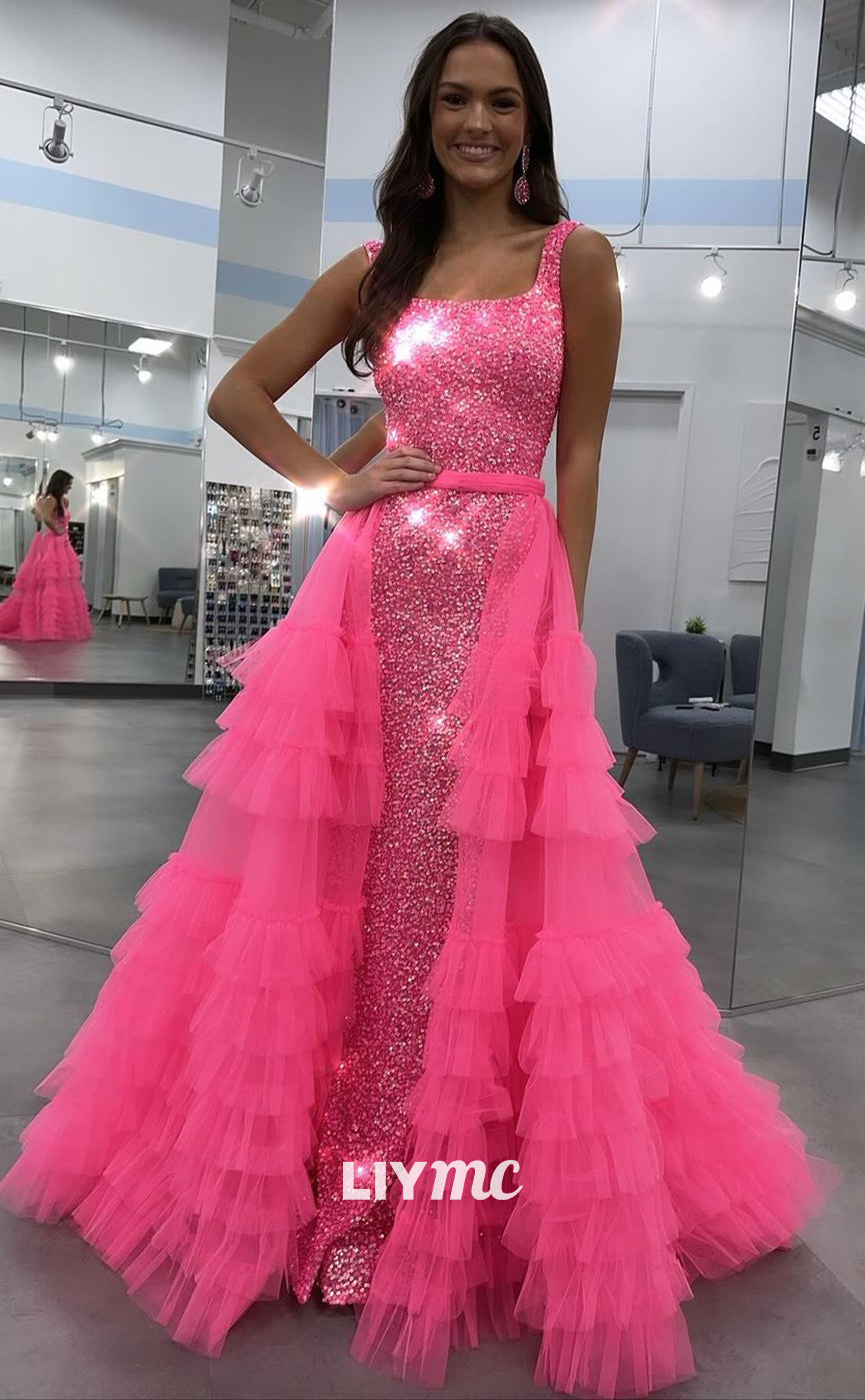 LP846 - Spaghetti Straps Square Overskirt Sequire Long Pink Formal Prom Dress