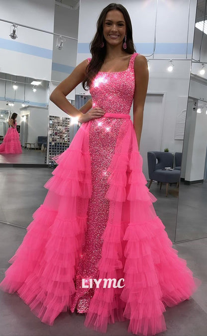 LP846 - Spaghetti Straps Square Overskirt Sequire Long Pink Formal Prom Dress