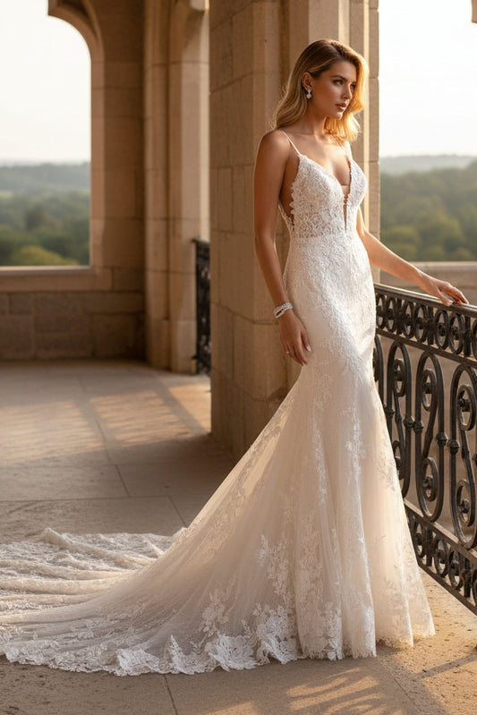 LW026 - Romantic Lace Wedding Dress Deep V neck Mermaid Wedding Gown