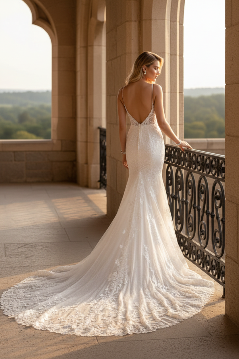 LW026 - Romantic Lace Wedding Dress Deep V neck Mermaid Wedding Gown