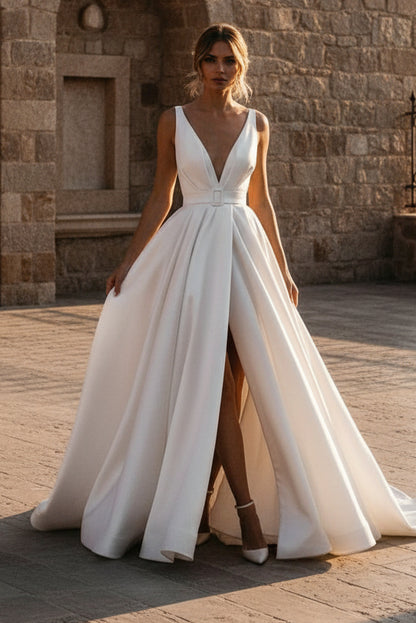LW030 - A Line Deep V neck Satin Wedding Dress with Slit
