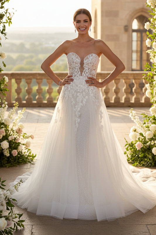 LW025 - A Line Illusion V neck Lace Appliques Rustic Wedding Dress