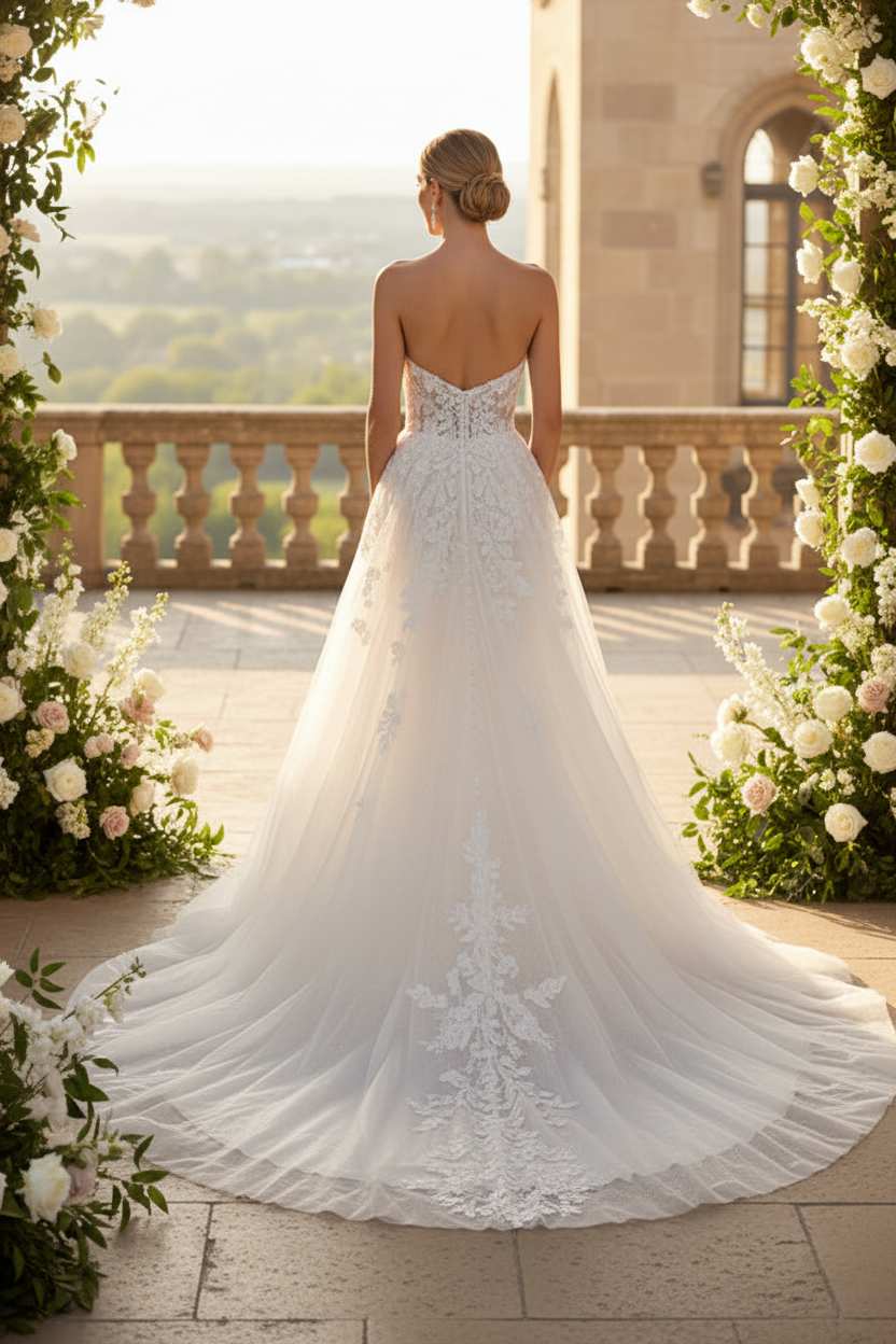 LW025 - A Line Illusion V neck Lace Appliques Rustic Wedding Dress