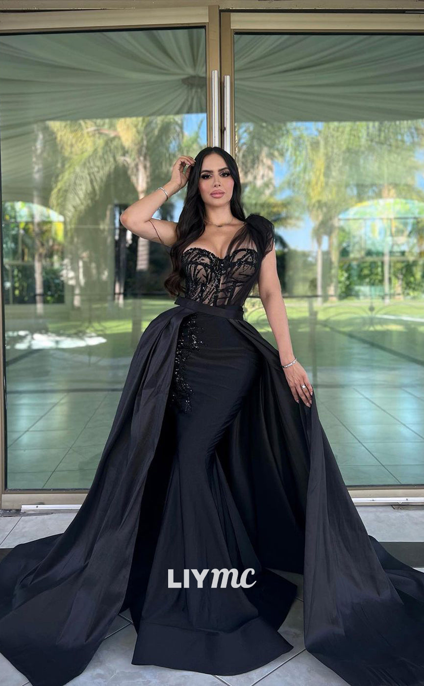 LP795 - One Shoulder Beads Overskirt Black Mermaid Long Formal Prom Dress