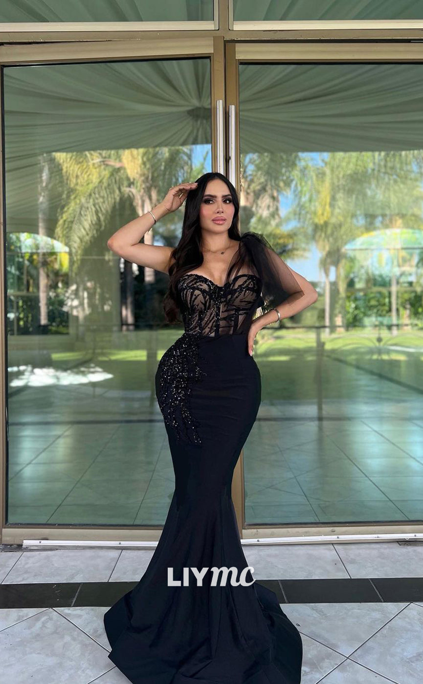 LP795 - One Shoulder Beads Overskirt Black Mermaid Long Formal Prom Dress