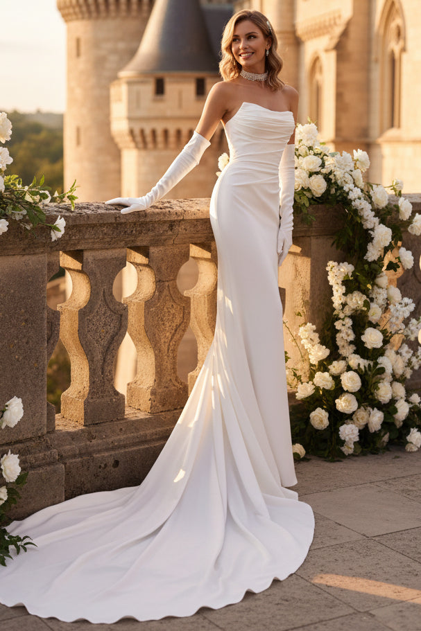 LW024 - Strapless Pleats Side Slit Mermaid Wedding Dress with Court Train