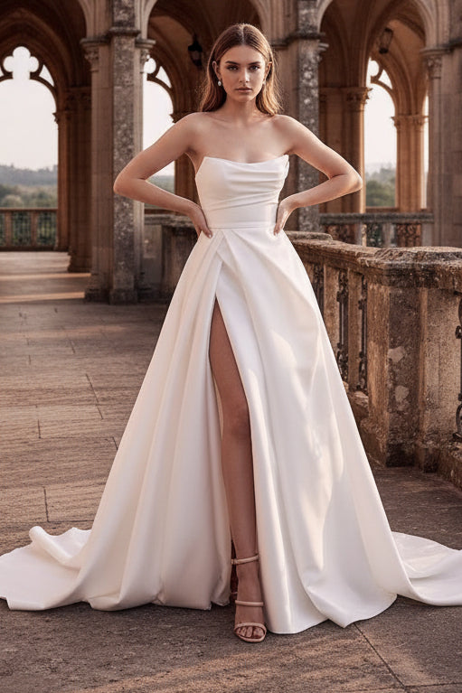 LW029 - A line Strapless Satin Wedding Dress with Slit