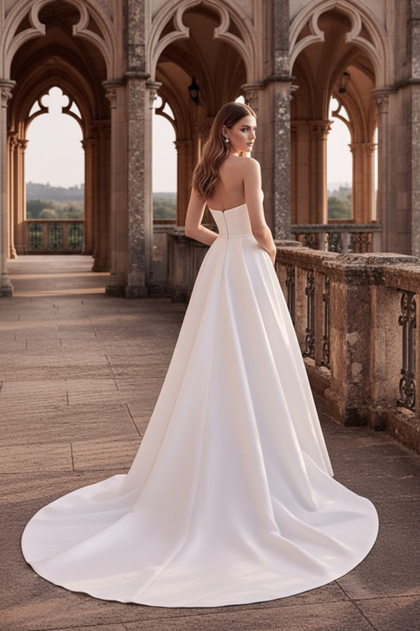 LW029 - A line Strapless Satin Wedding Dress with Slit