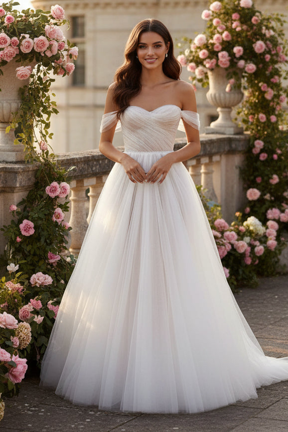 LW002 - A Line Sweetheart Ivory Tulle Boho Wedding Dress with Slit