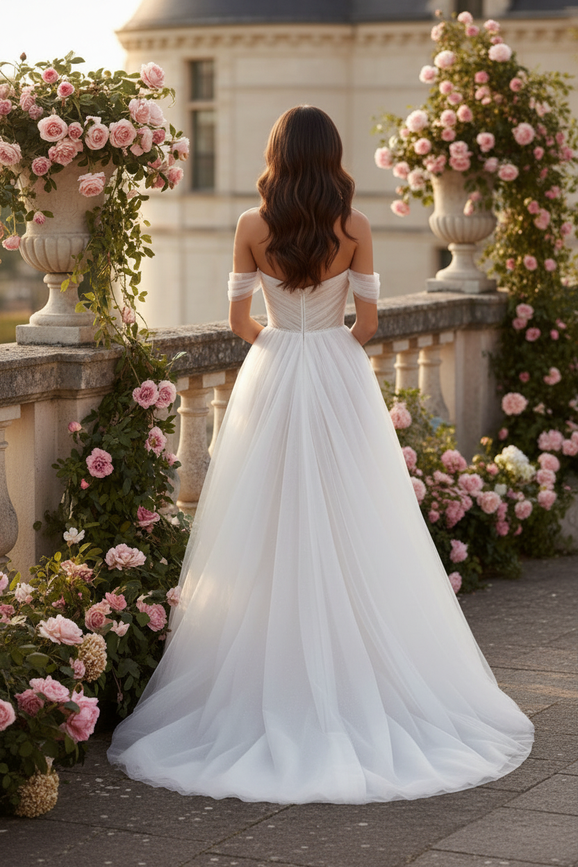 LW002 - A Line Sweetheart Ivory Tulle Boho Wedding Dress with Slit