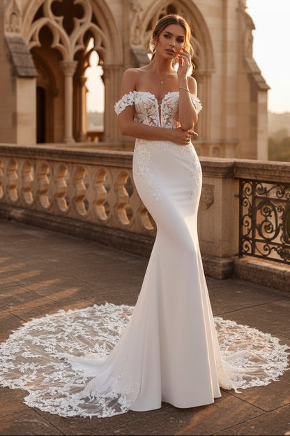 LW028 - Illusion Deep V neck Romantic Lace Appliques Mermaid Wedding Dress