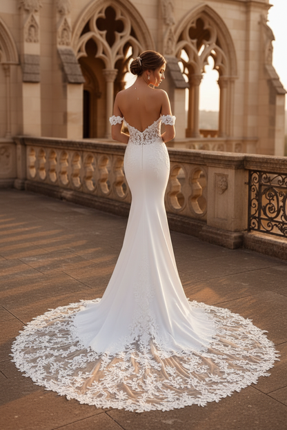 LW028 - Illusion Deep V neck Romantic Lace Appliques Mermaid Wedding Dress