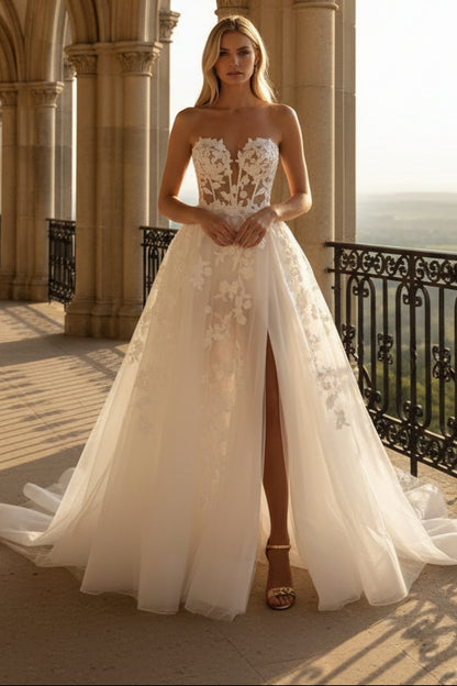 LW027 - A Line Illlusion V neck Appliques Rustic Wedding Dress
