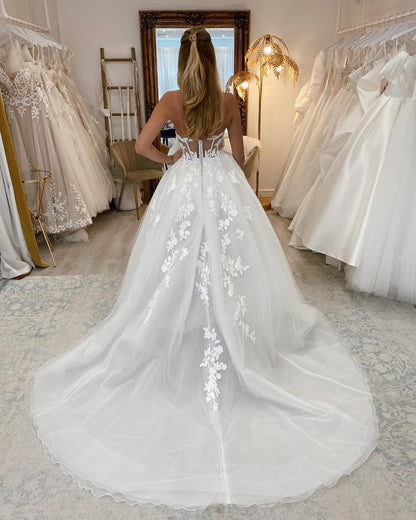 LW027 - A Line Illlusion V neck Appliques Rustic Wedding Dress
